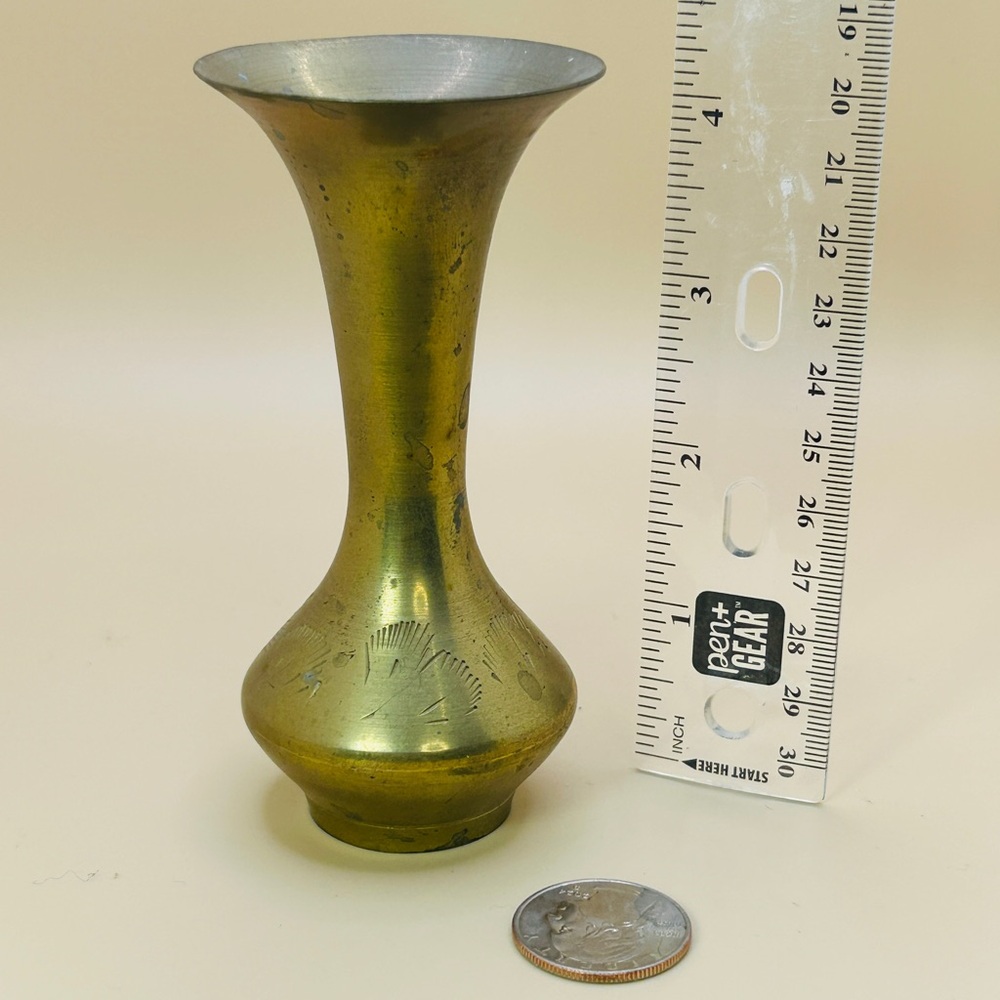 Vintage Brass Vase Etched Design Small Decorative Metalware, India